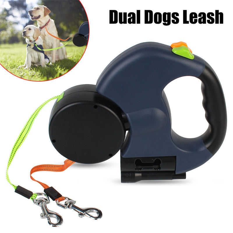 Retractable Dual Dog Leash – Reflective 360° Swivel with Flashlight & Poop Bag Holder
