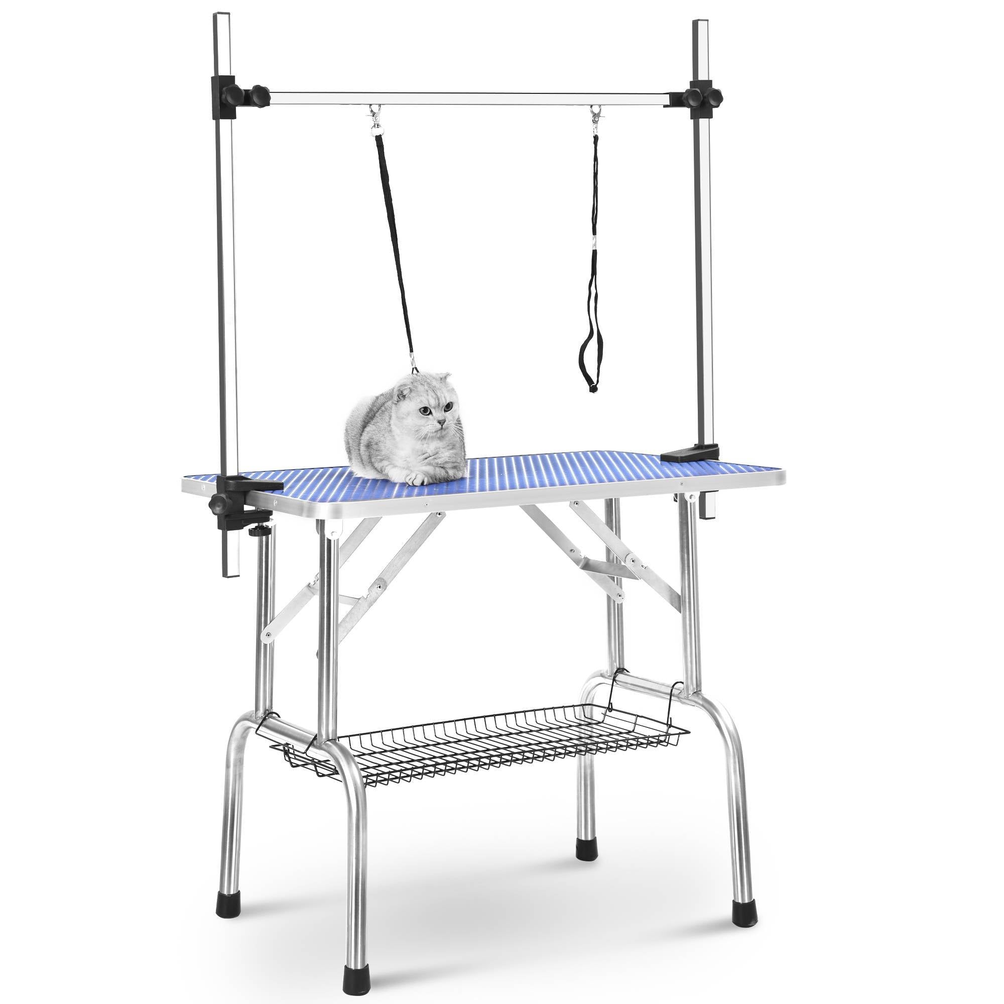 Heavy-Duty Folding Pet Grooming Table – Stainless Steel with Adjustable Arm & Storage Basket