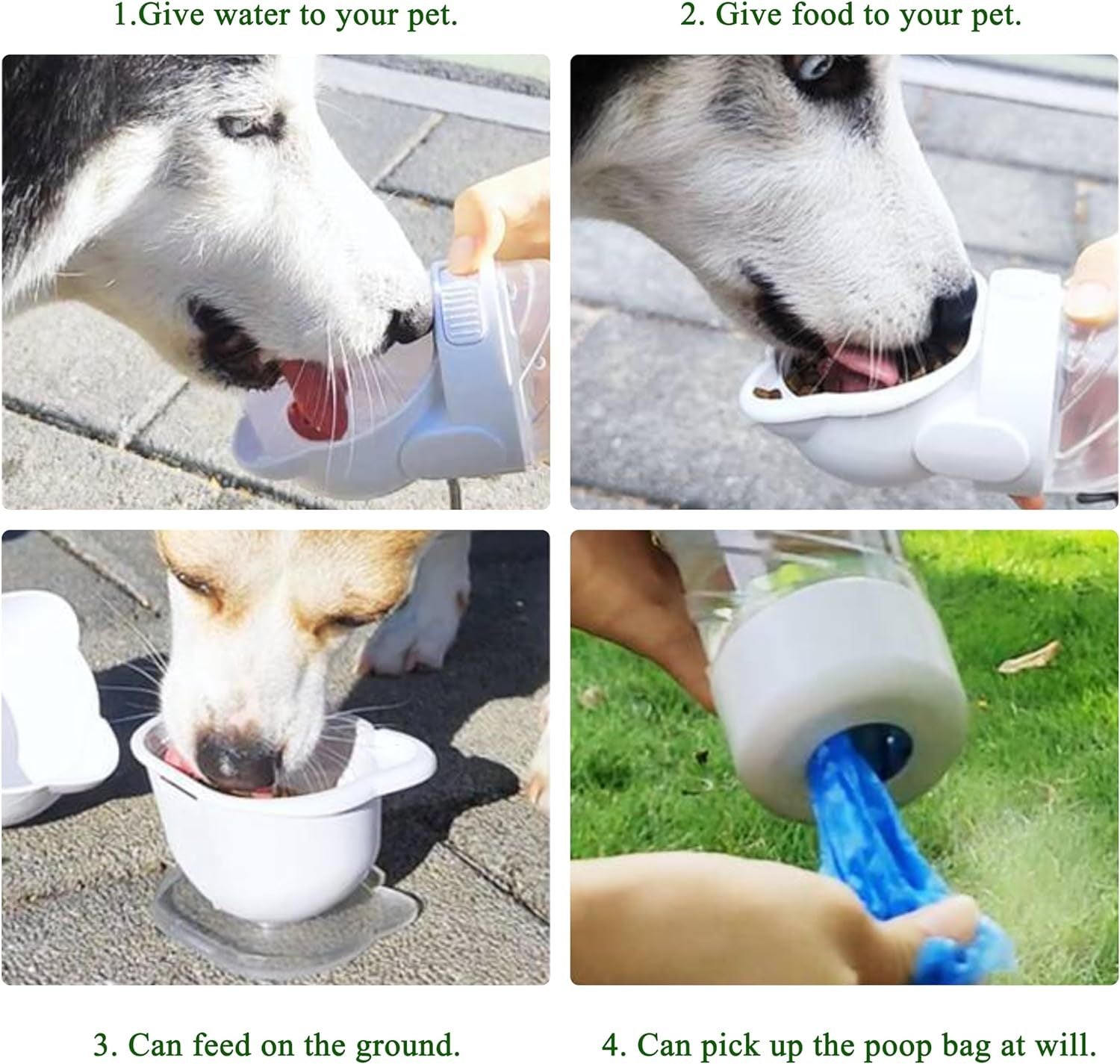 3-in-1 Portable Pet Water Bottle – Outdoor Dispenser with Food Container & Waste Bag Holder