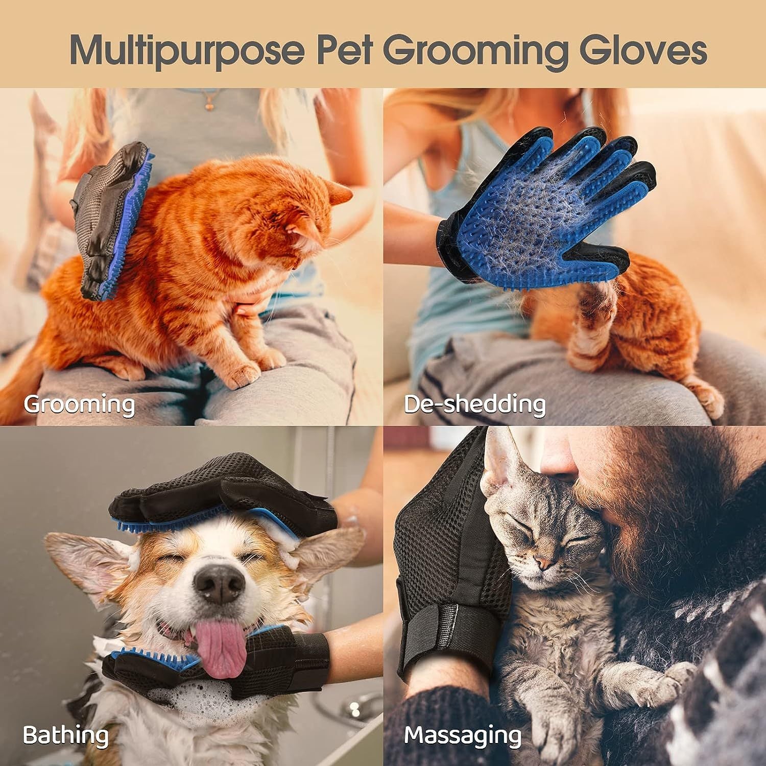 Upgrade Pet Grooming Gloves – Gentle Shedding & Bathing Mitts for Dogs, Cats & Horses