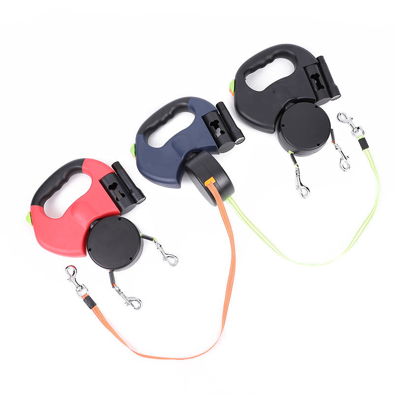 Retractable Dual Dog Leash – Reflective 360° Swivel with Flashlight & Poop Bag Holder