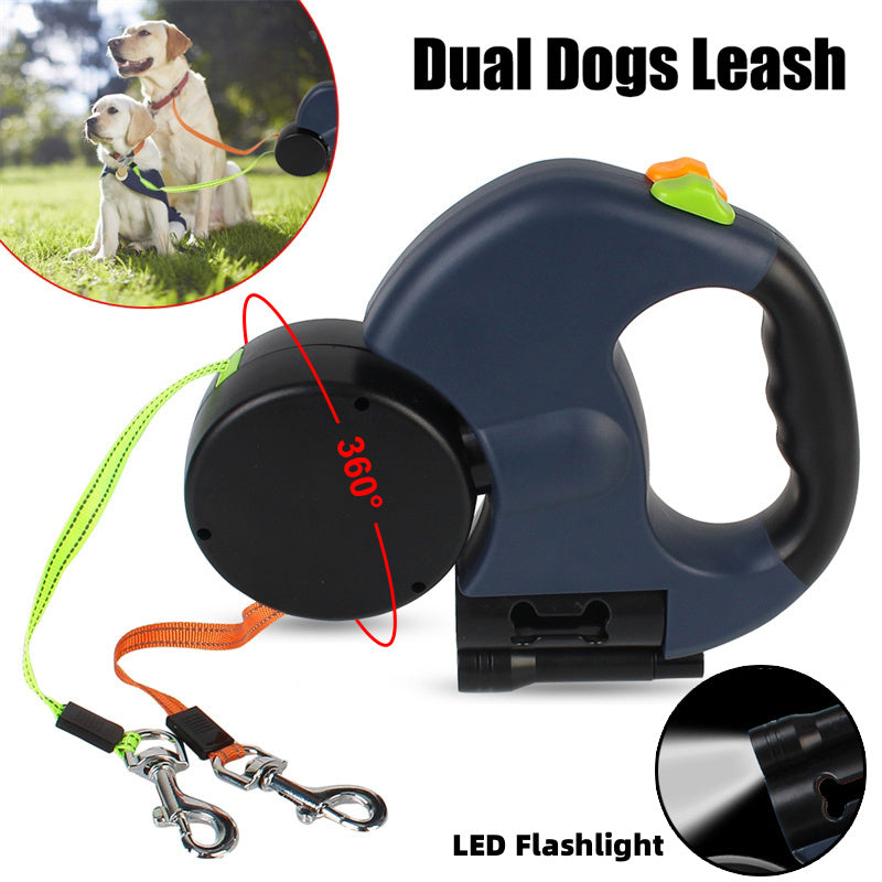 Retractable Dual Dog Leash – Reflective 360° Swivel with Flashlight & Poop Bag Holder