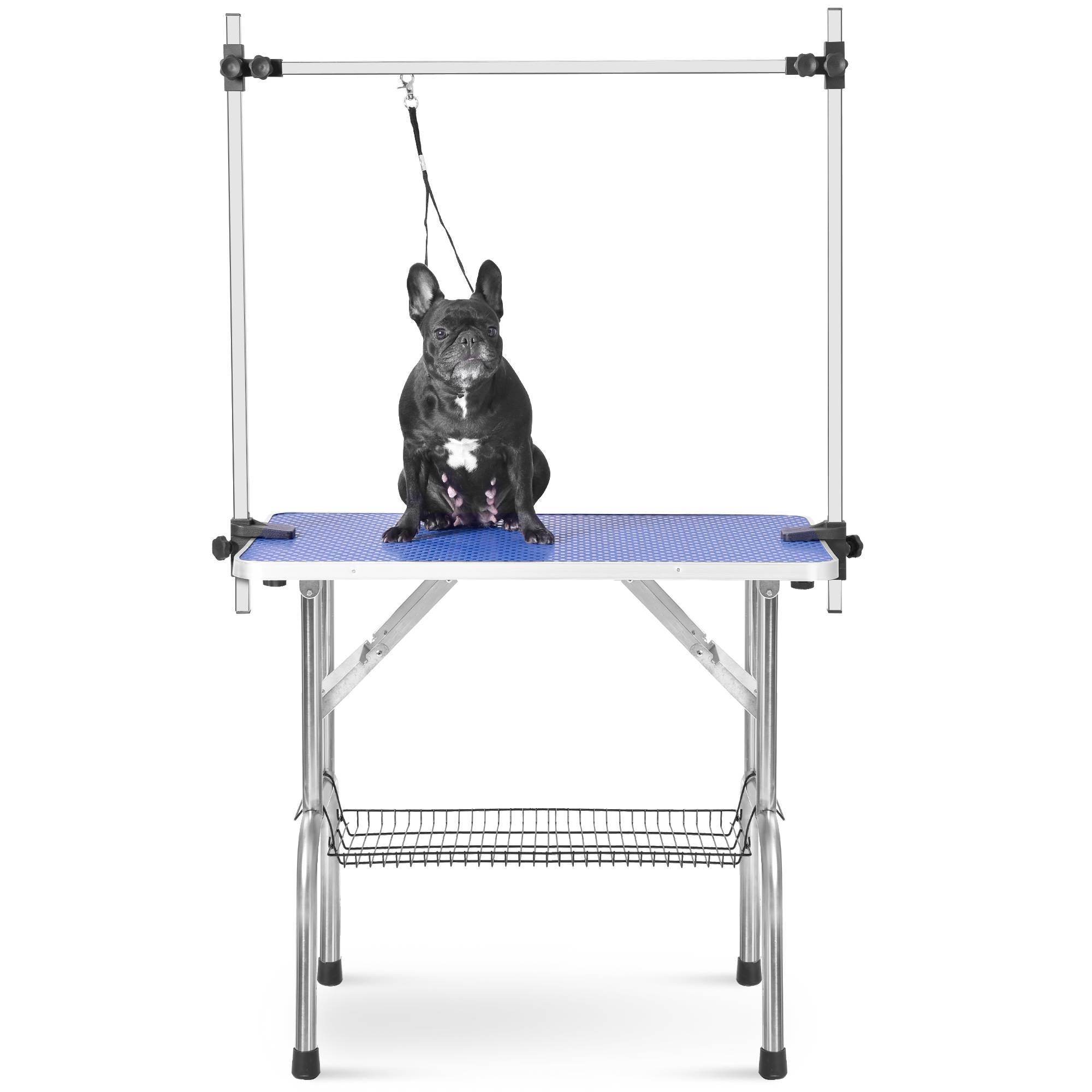 Heavy-Duty Folding Pet Grooming Table – Stainless Steel with Adjustable Arm & Storage Basket