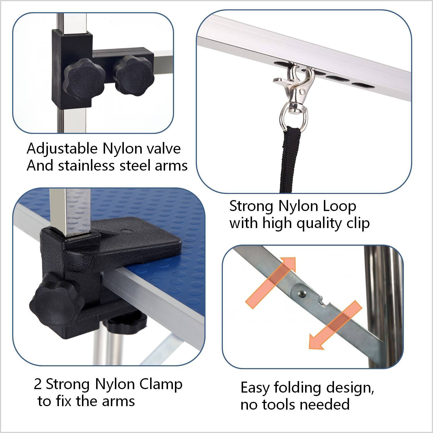 Heavy-Duty Folding Pet Grooming Table – Stainless Steel with Adjustable Arm & Storage Basket